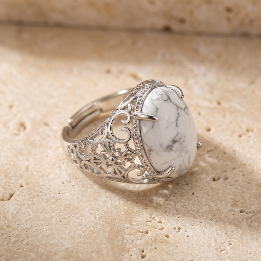 White Howlite Stone Adjustable Ring "Silent Halo"