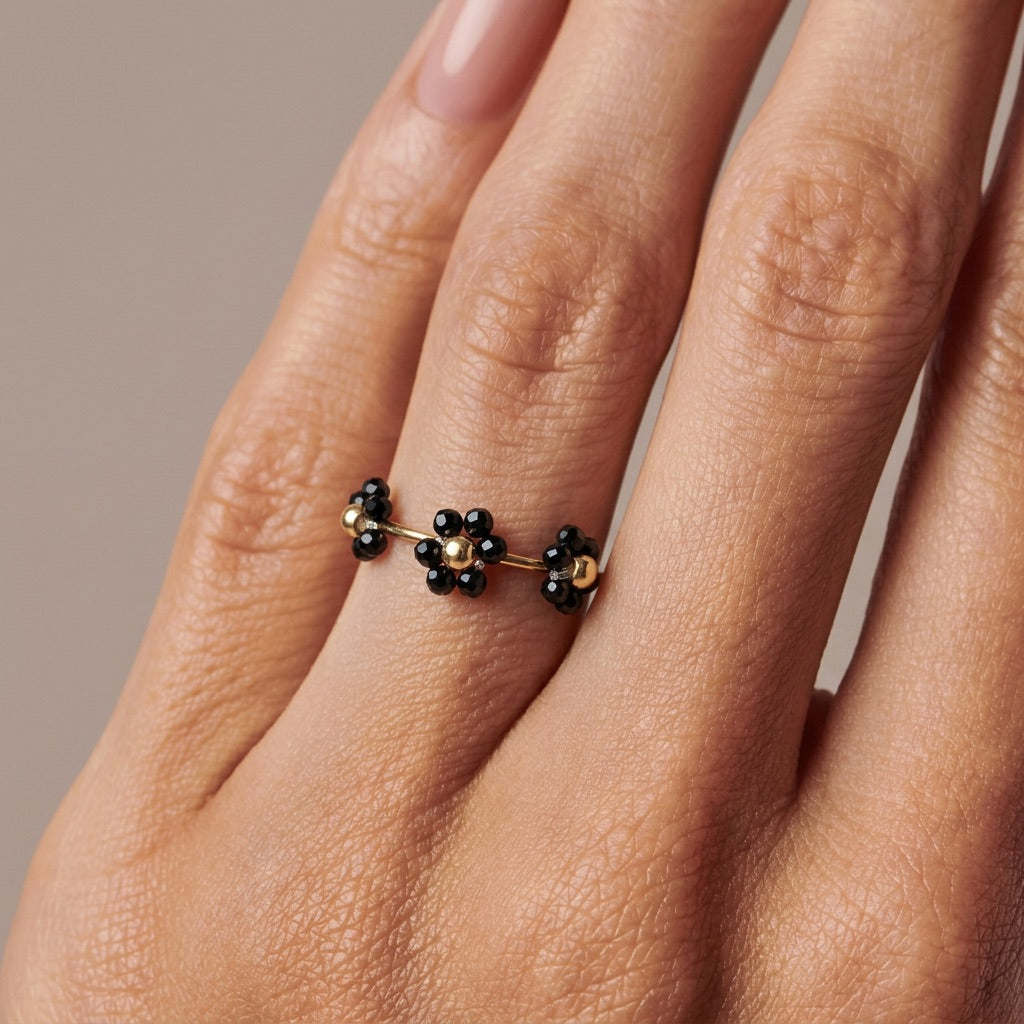 Black Obsidian Adjustable Ring "Flower"