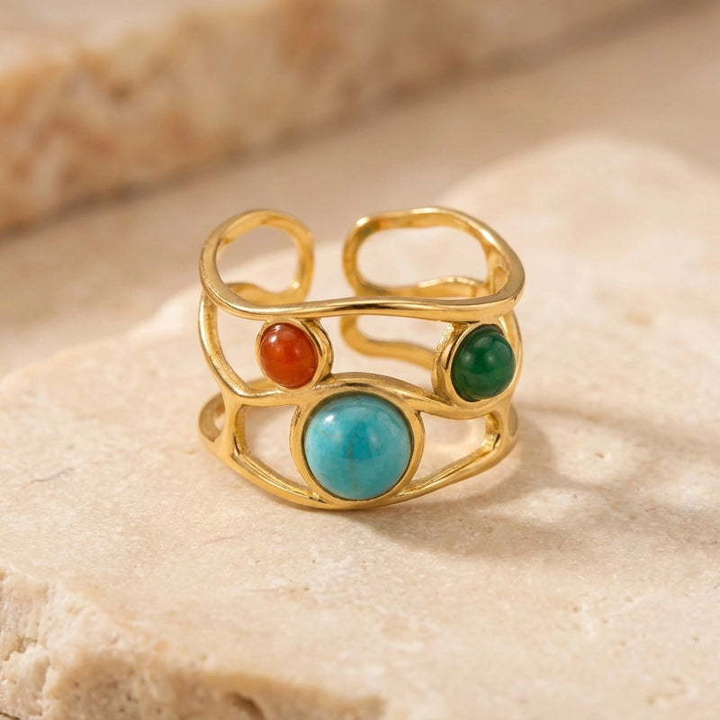 Adjustable ring "trio stone" in Turquoise