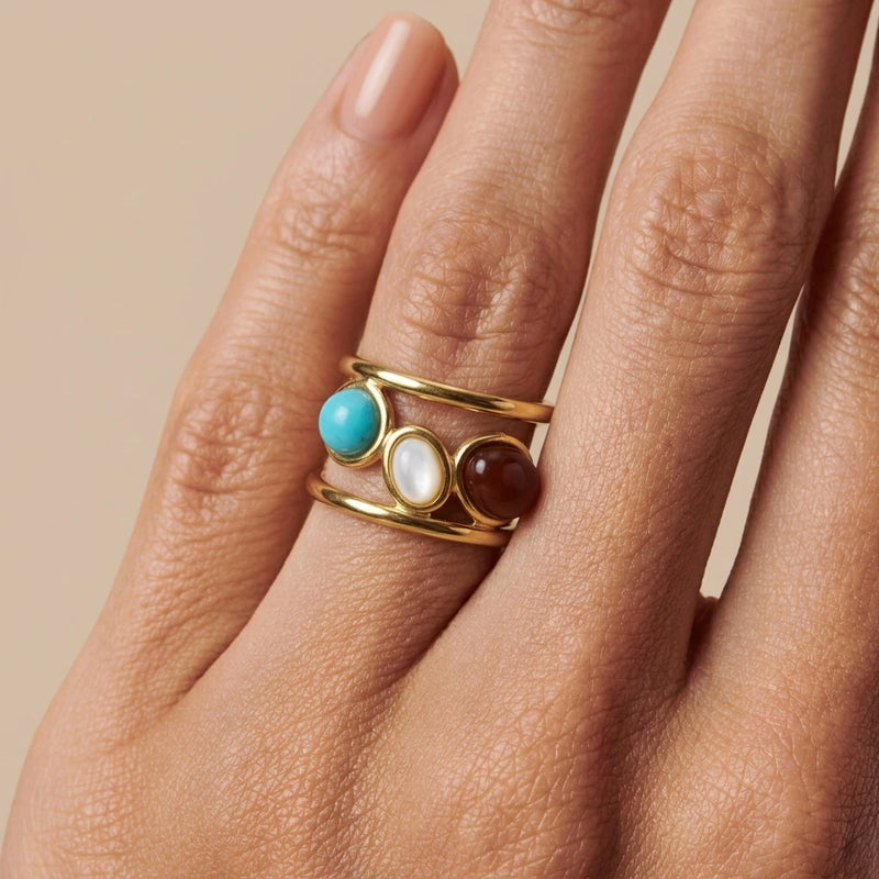 adjustable ring "Trinity" in Pearl, Turquoise and Jasper stone