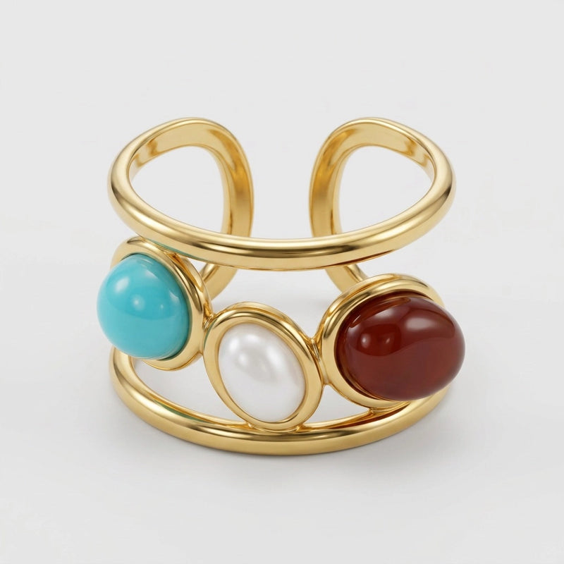 adjustable ring "Trinity" in Pearl, Turquoise and Jasper stone