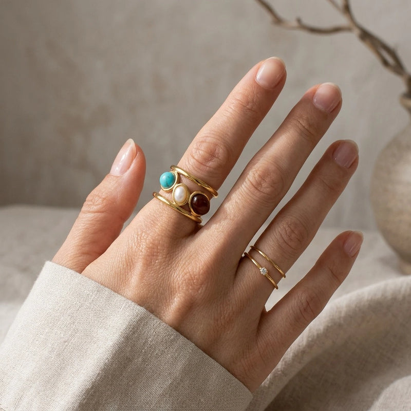 adjustable ring "Trinity" in Pearl, Turquoise and Jasper stone