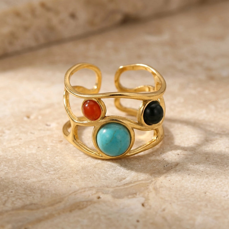 Adjustable ring "trio stone" in Turquoise