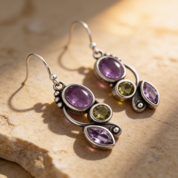 Amethyst & Peridot Drop Vintage Earrings “Mirelya”