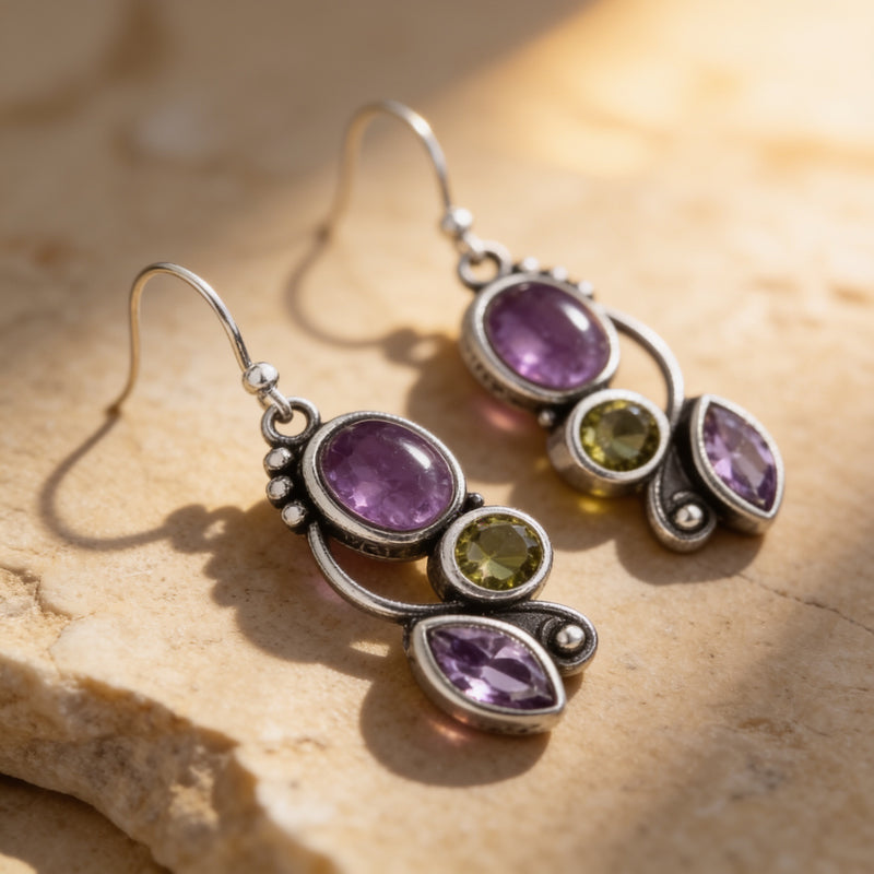 Amethyst & Peridot Drop Vintage Earrings “Mirelya”
