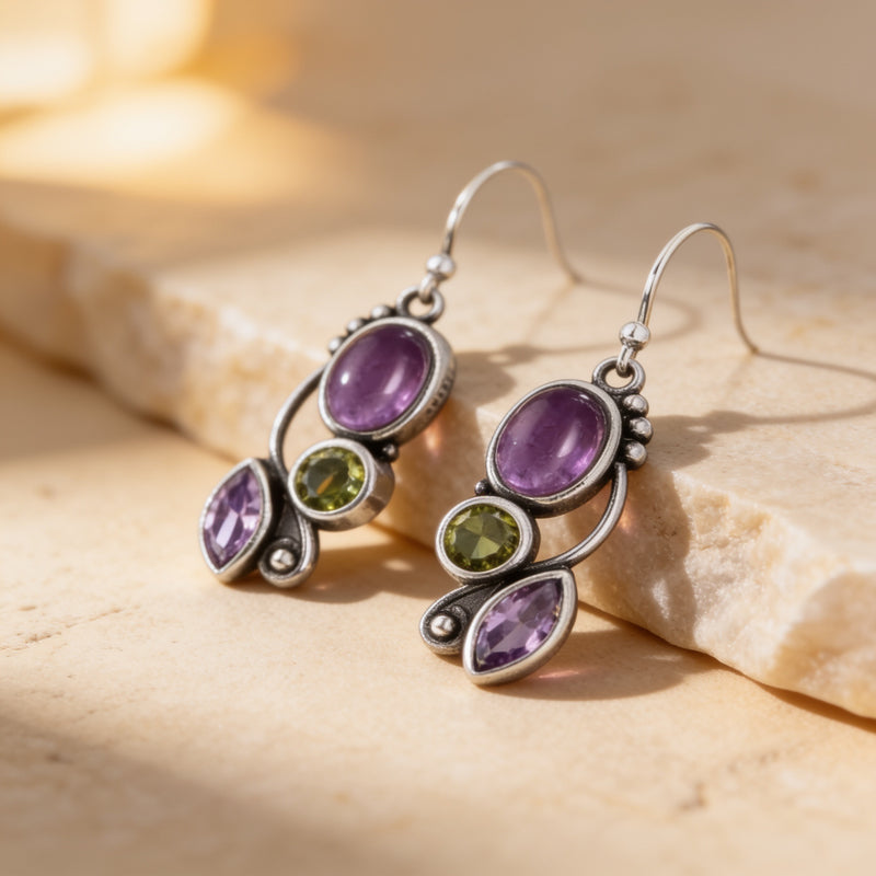 Amethyst & Peridot Drop Vintage Earrings “Mirelya”