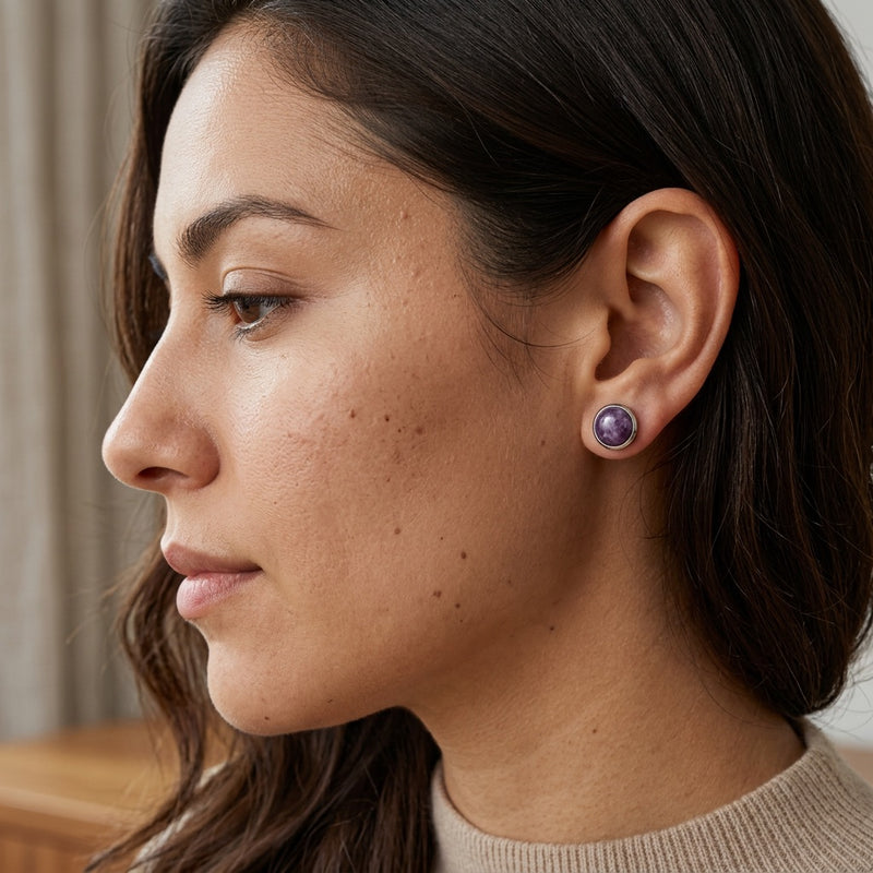 Round Amethyst Stone Stud Earrings "Orbita"