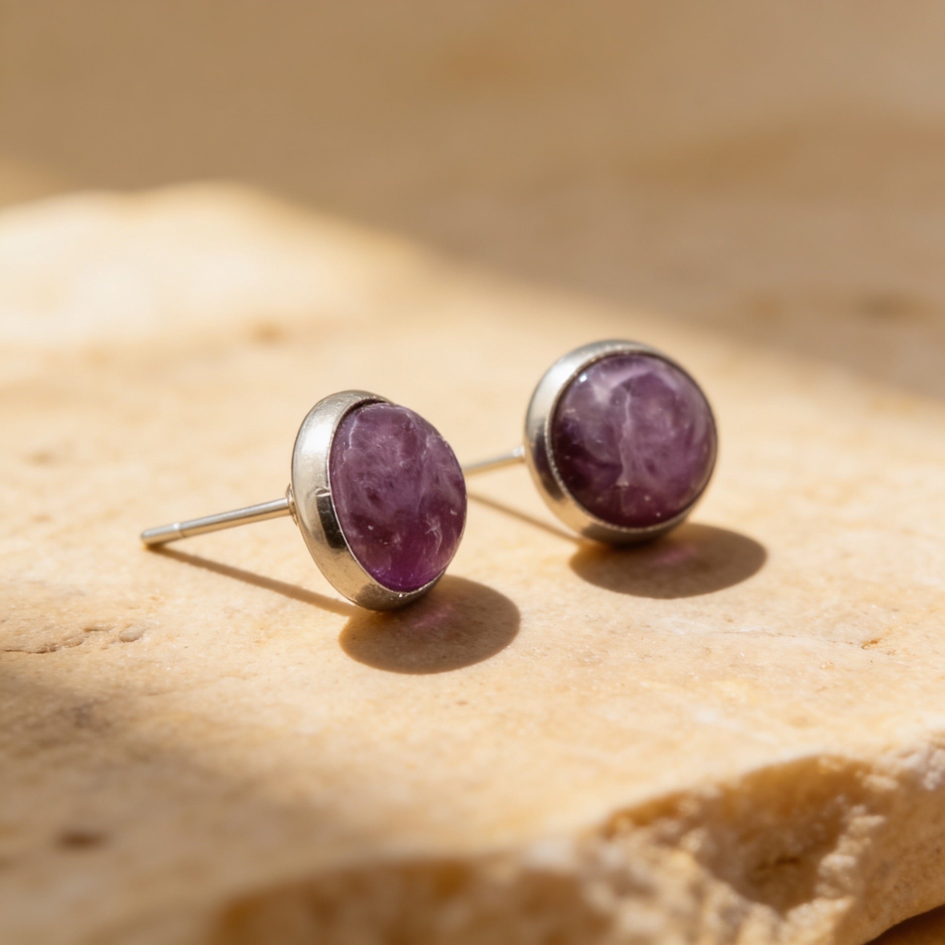 Round Amethyst Stone Stud Earrings "Orbita"