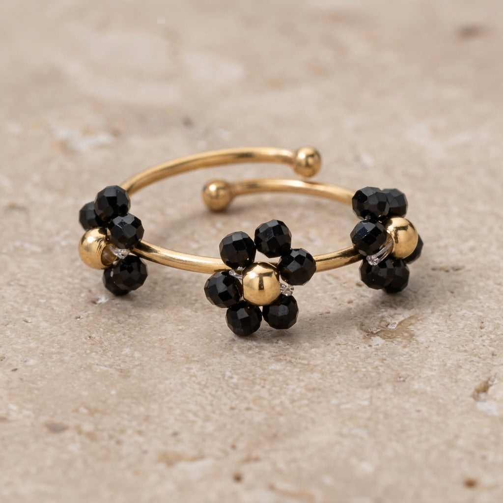 Black Obsidian Adjustable Ring "Flower"