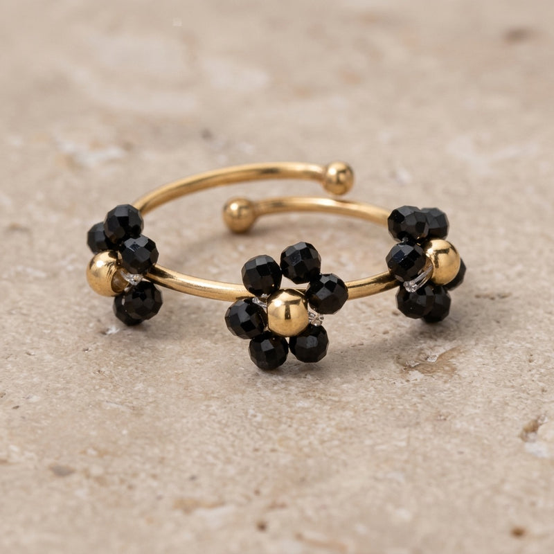 Black Obsidian Adjustable Ring "Flower"