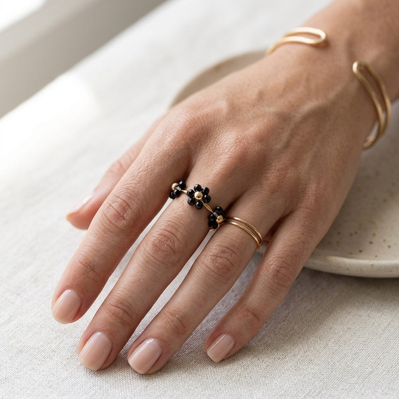 Black Obsidian Adjustable Ring "Flower"
