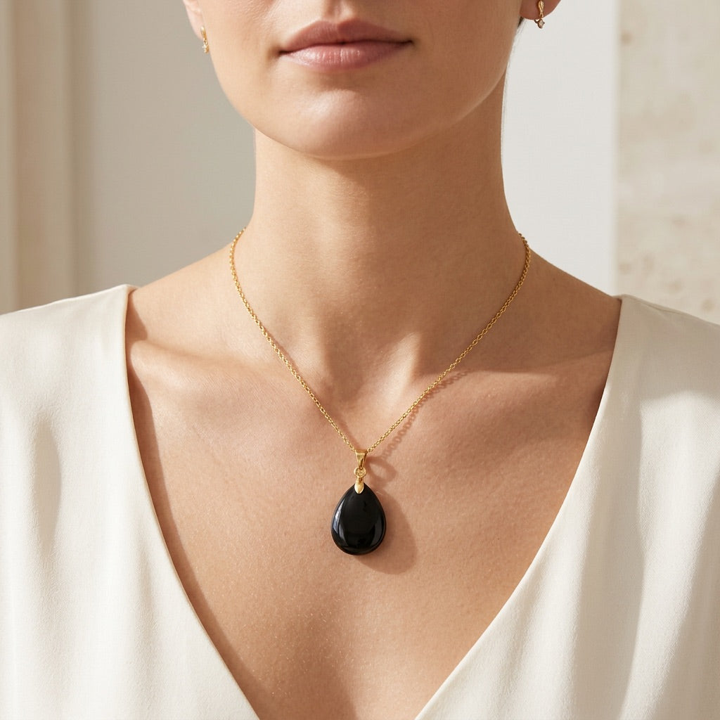 Black Obsidian Stone Necklace “Perle”