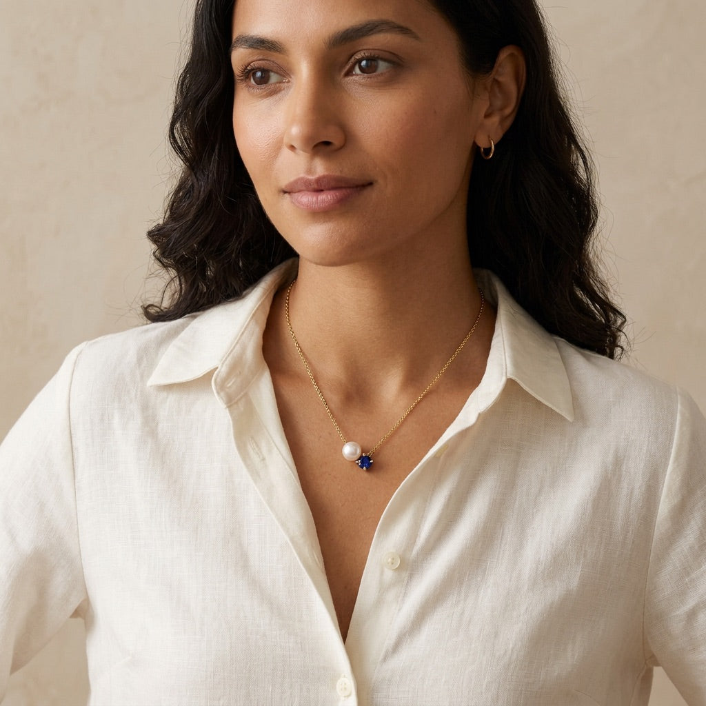 Blue Sapphire and Pearl Necklace “Serenza”