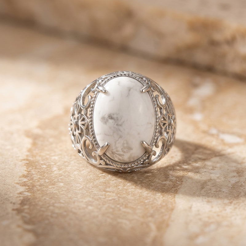 White Howlite Stone Adjustable Ring "Silent Halo"