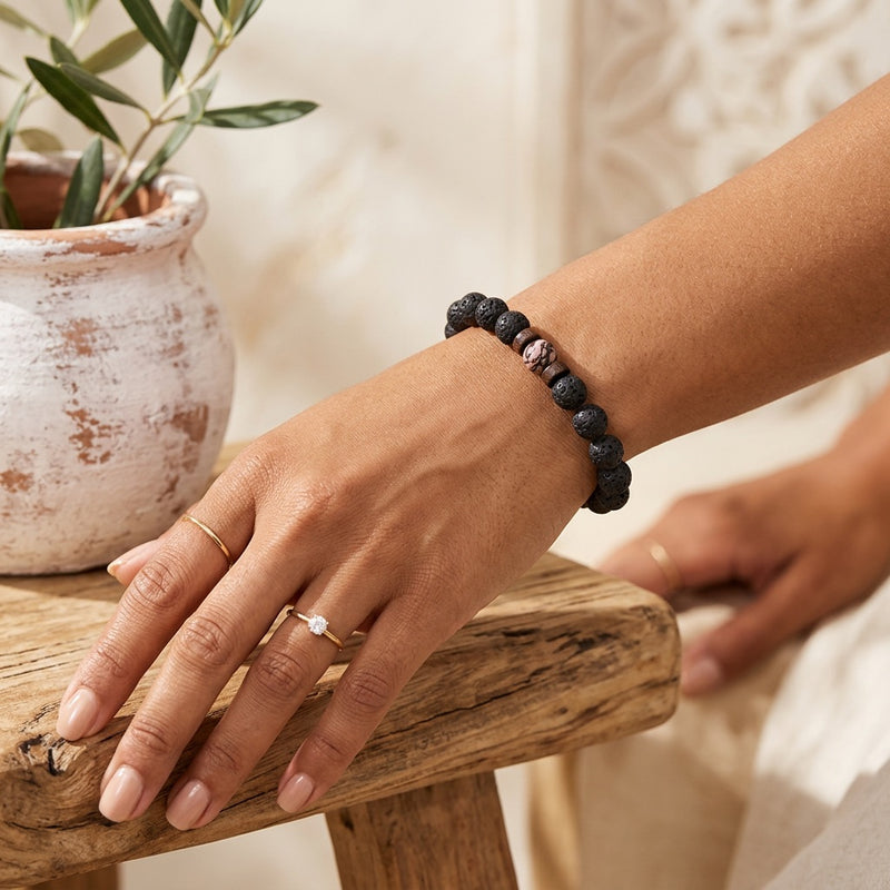 Lava Stone & Rhodonite Bracelet "Falcon Veil"