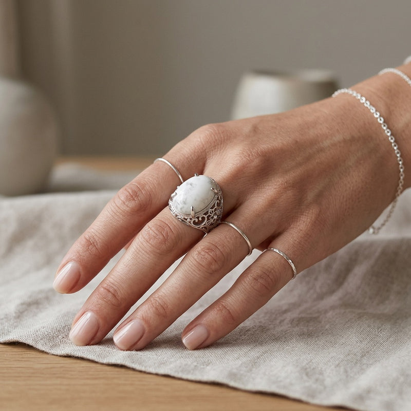 White Howlite Stone Adjustable Ring "Silent Halo"