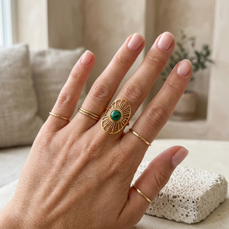 Malachite Adjustable Ring "Green Sun"