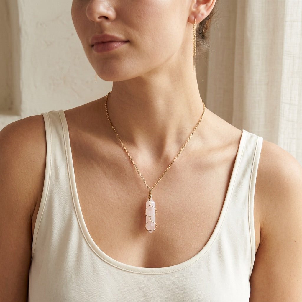 Gold Rose Quartz Necklace "Nexa Blushspire"