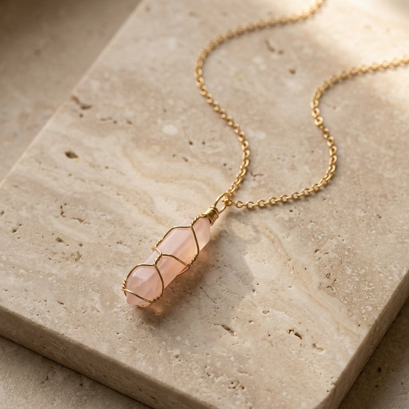 Gold Rose Quartz Necklace "Nexa Blushspire"