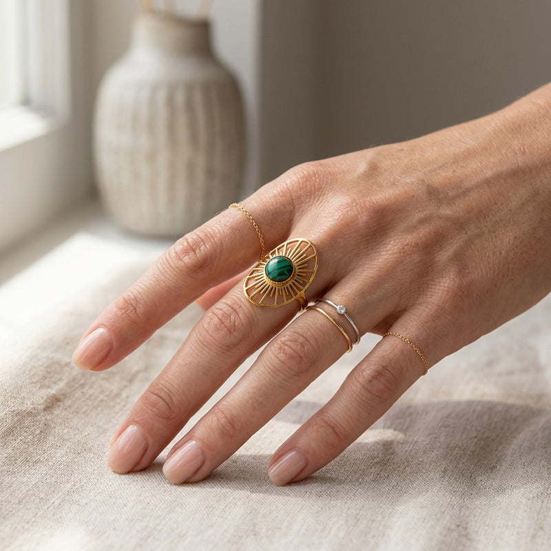 Malachite Adjustable Ring "Green Sun"