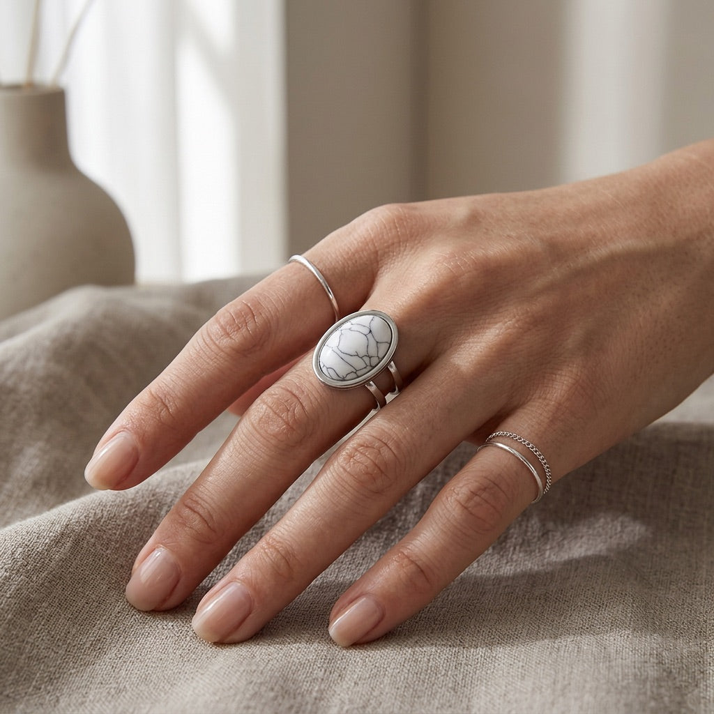 Howlite Stone Adjustable Ring “Winter Aura”