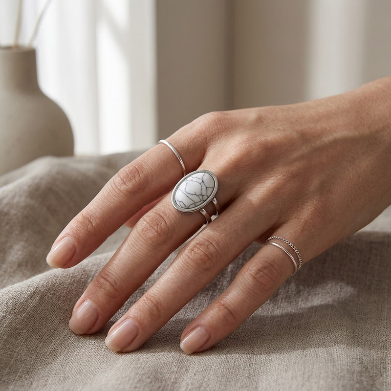 Howlite Stone Adjustable Ring “Winter Aura”