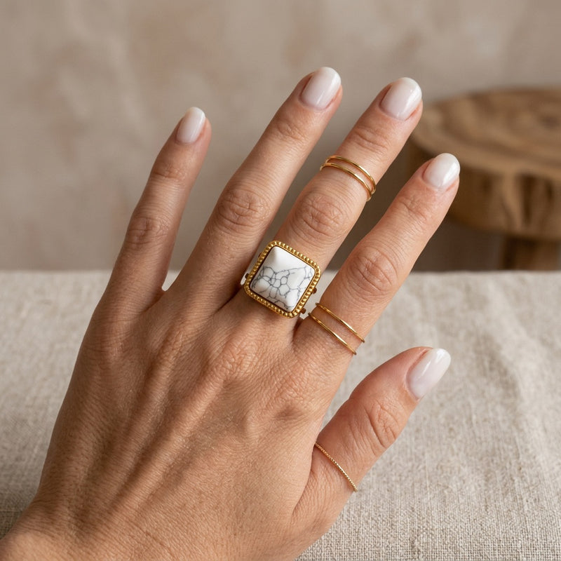 White Howlite Stone Adjustable Ring “Althea”