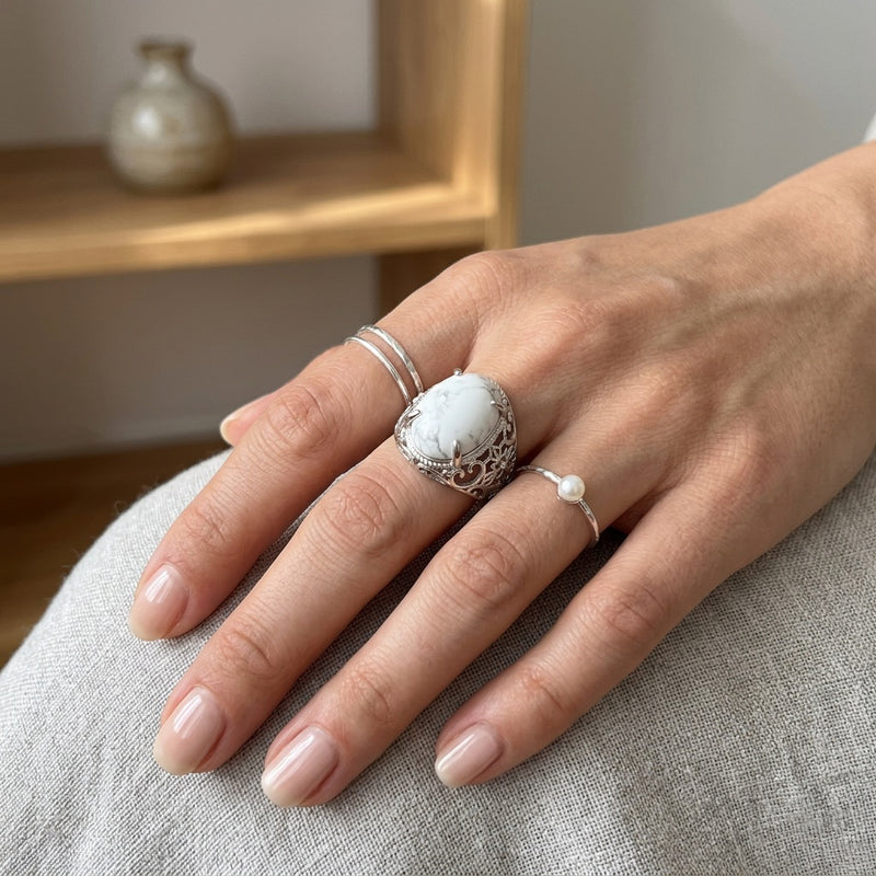White Howlite Stone Adjustable Ring "Silent Halo"