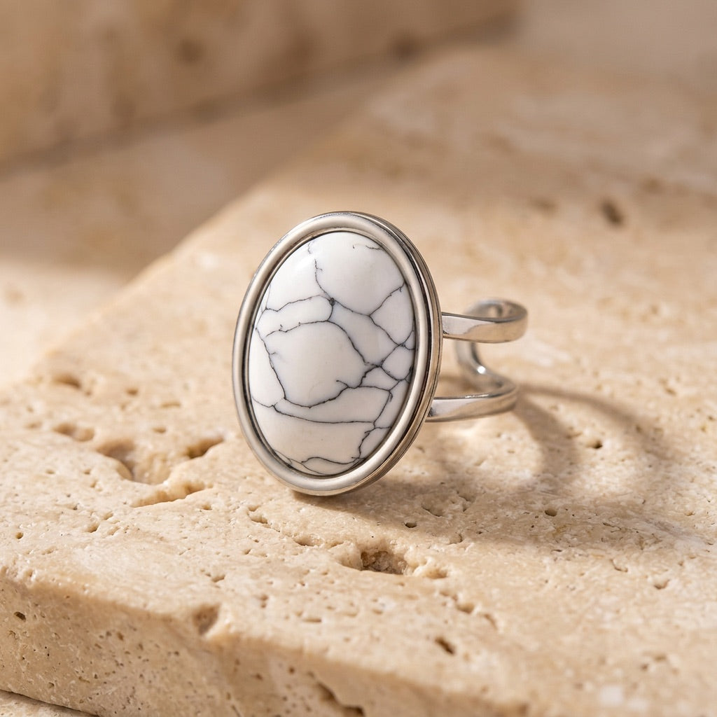 Howlite Stone Adjustable Ring “Winter Aura”
