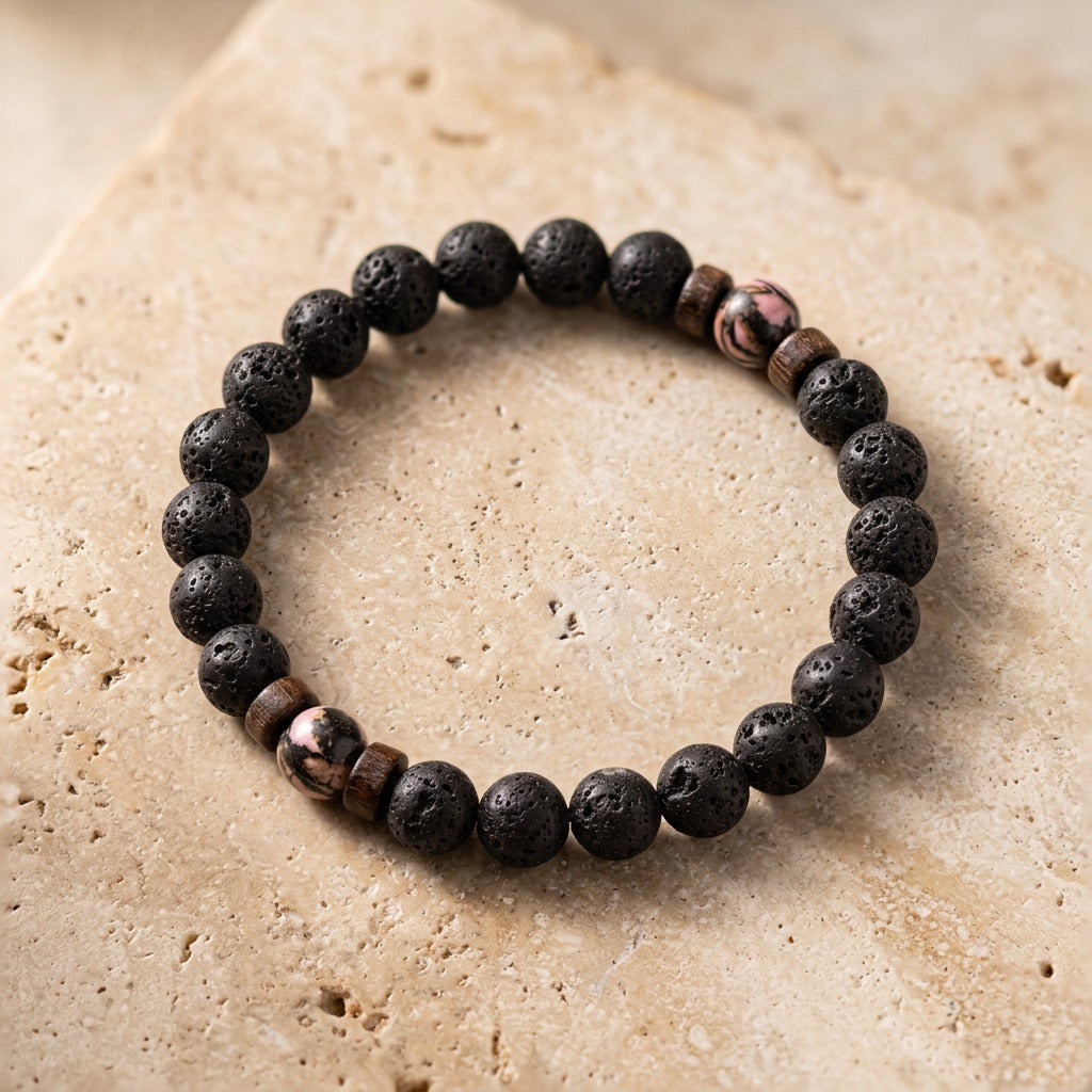 Lava Stone & Rhodonite Bracelet "Falcon Veil"