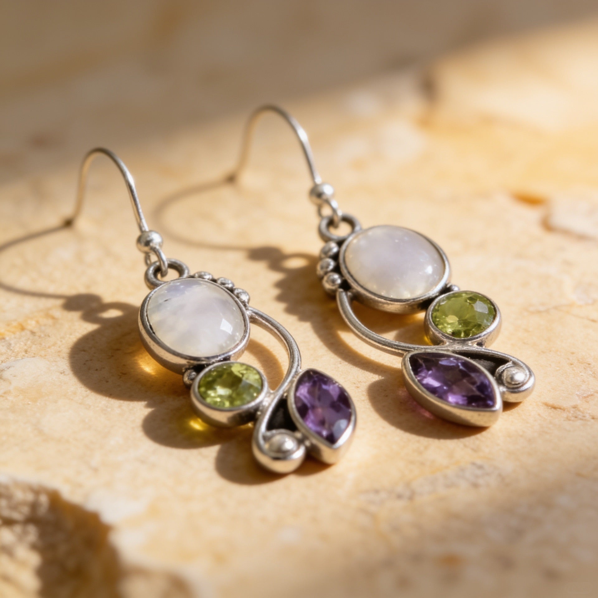 Moonstone Peridot Amethyst Earrings “Mirelya”
