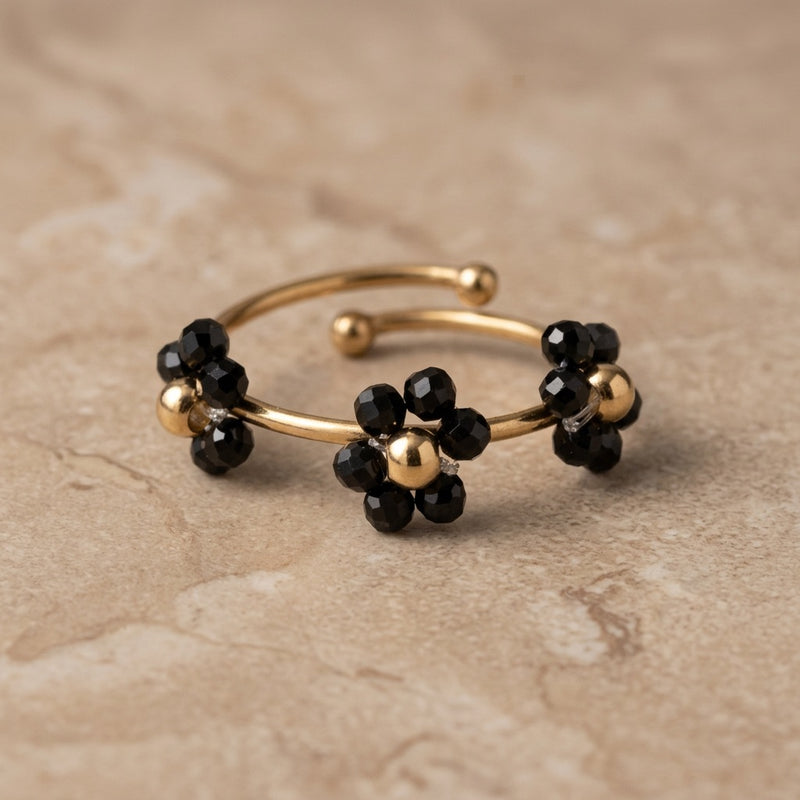 Black Obsidian Adjustable Ring "Flower"