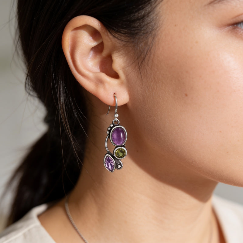 Amethyst & Peridot Drop Vintage Earrings “Mirelya”