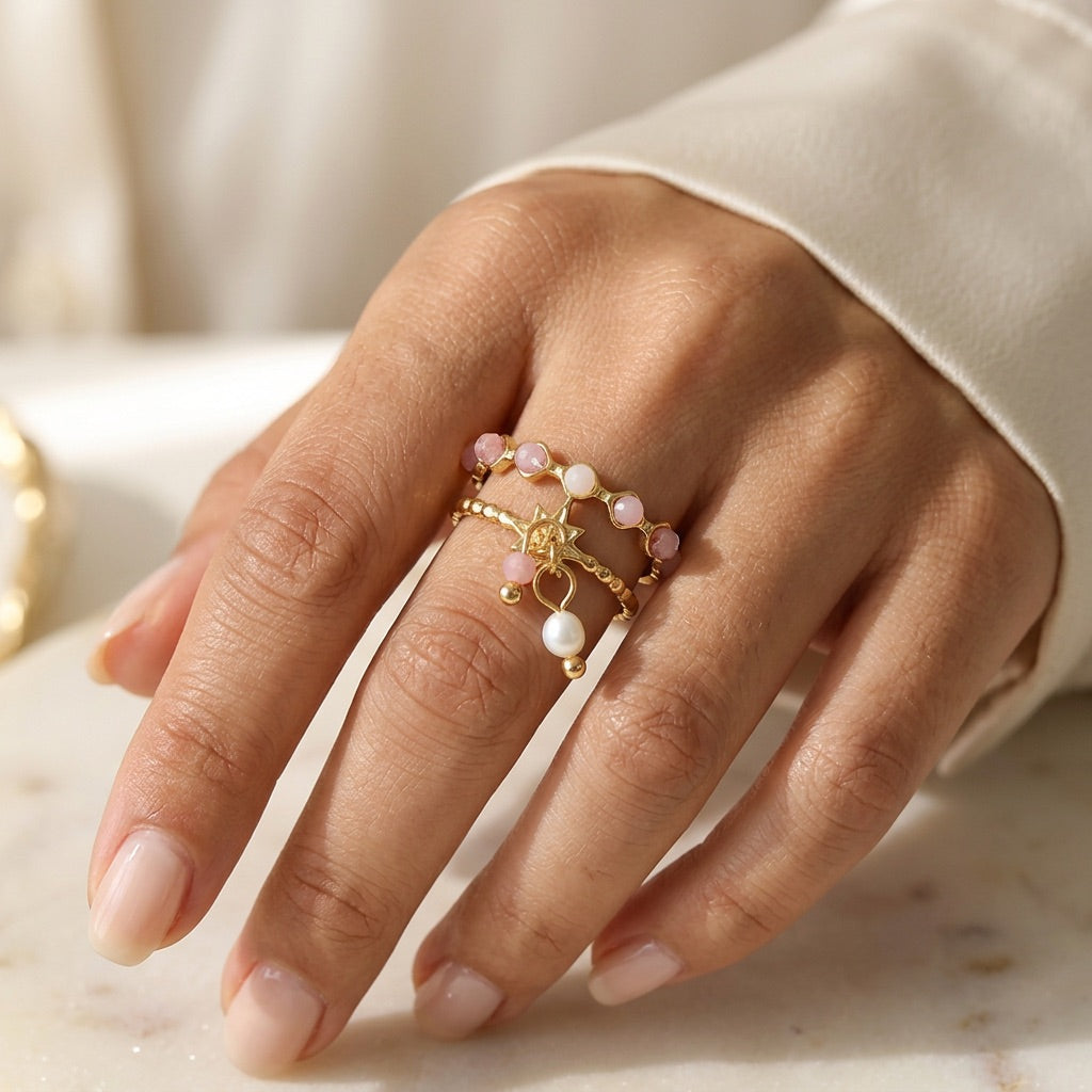 Rose Quartz And Gold Ring "Luciole"