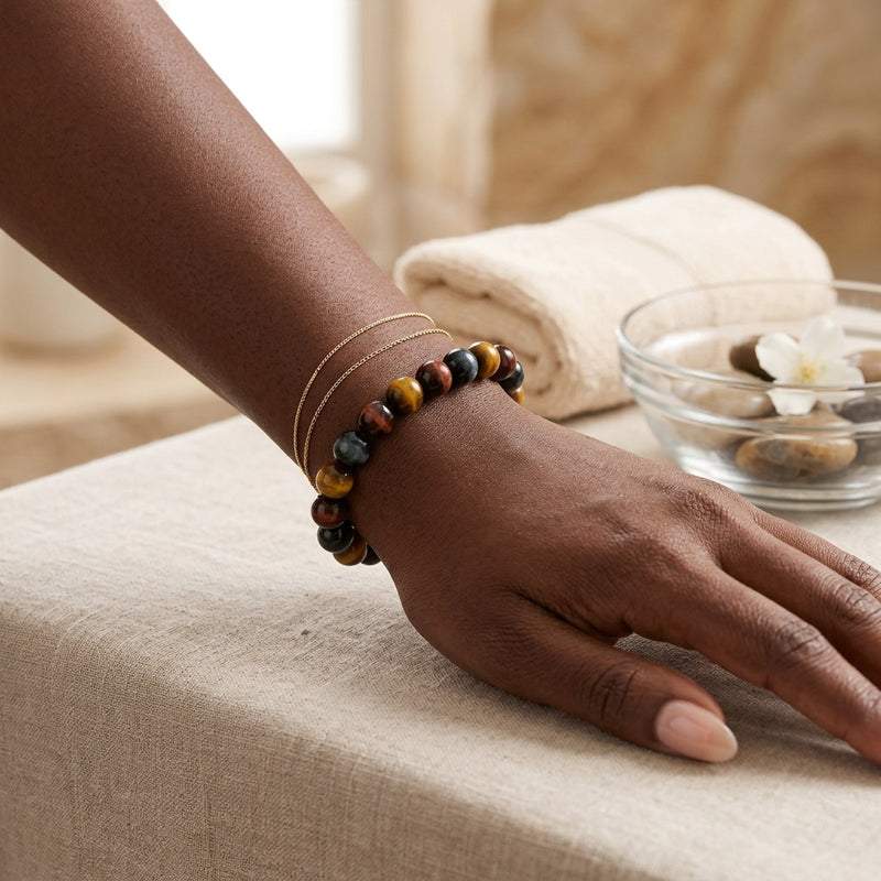 Hawk’s Eye & Tiger's Eye Stone Bead Bracelet "Aigle"