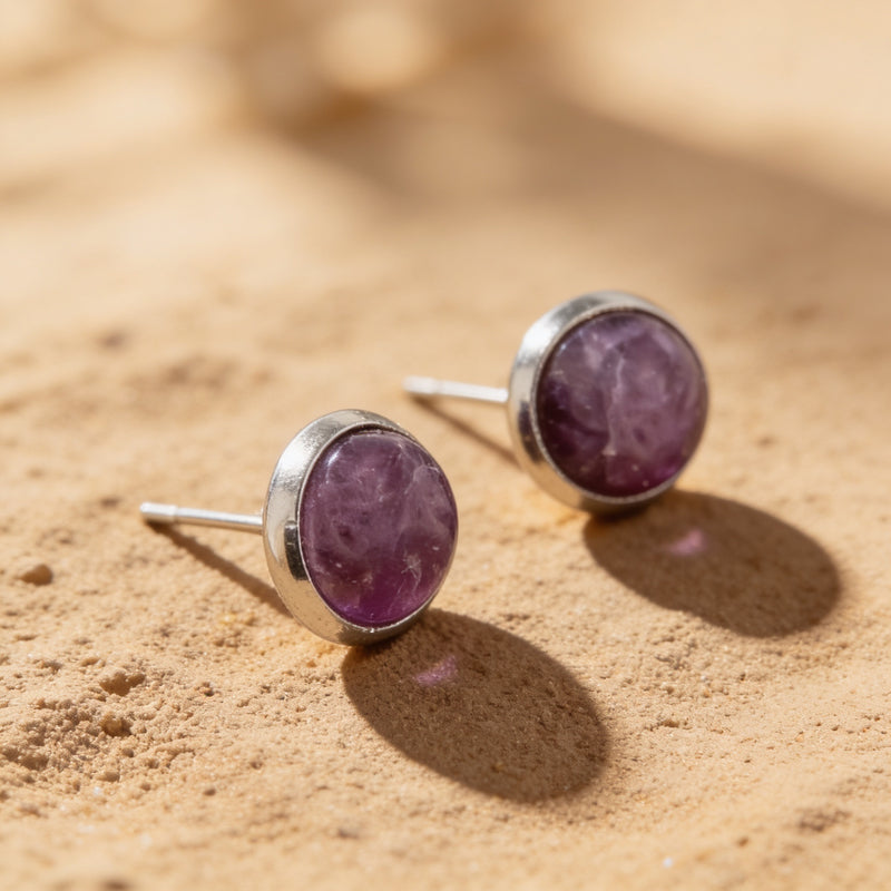 Round Amethyst Stone Stud Earrings "Orbita"