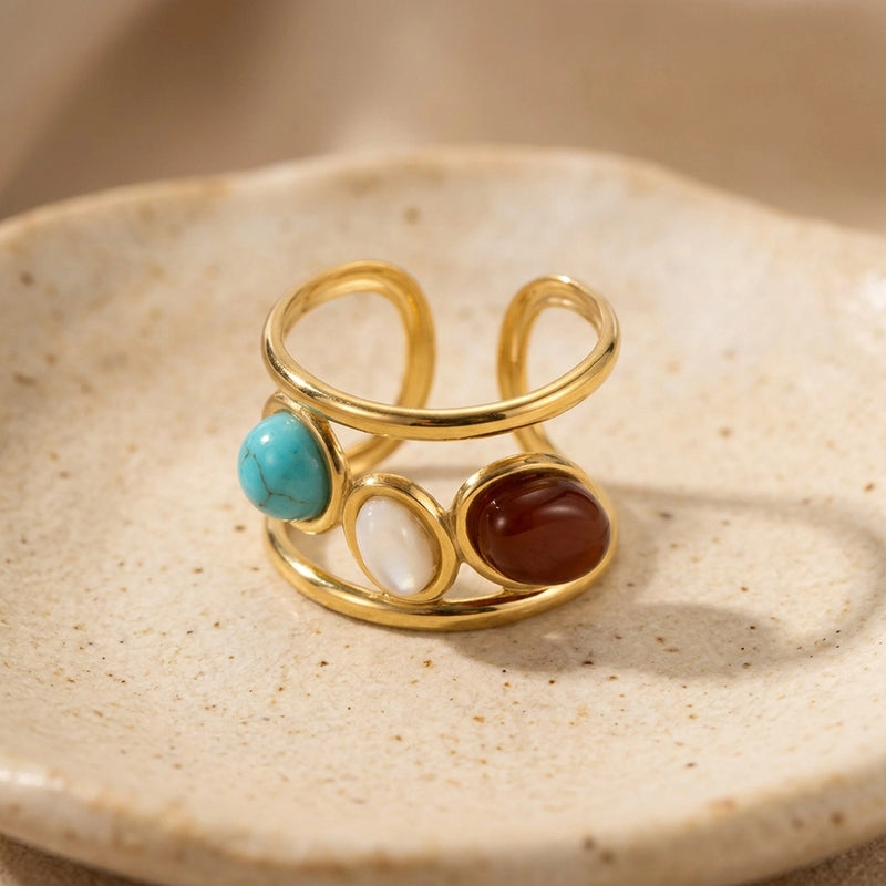 adjustable ring "Trinity" in Pearl, Turquoise and Jasper stone