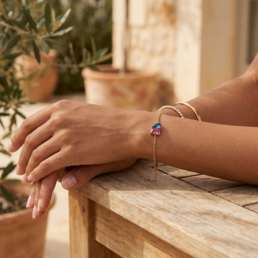 Rose Quartz & Aquamarine Stone Bracelet “Esmira”