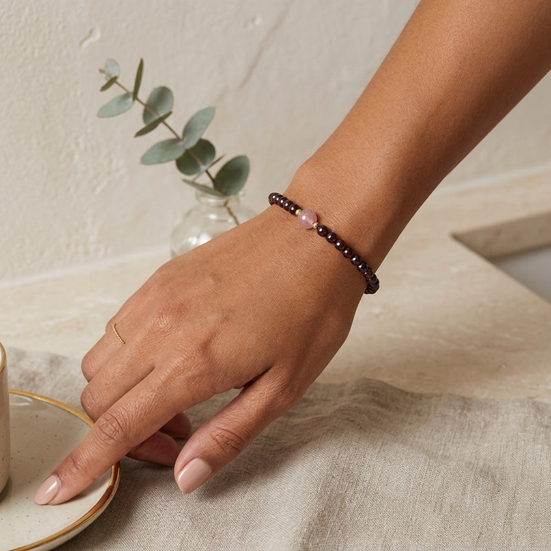 Red Garnet Stone & Rose Quartz Bracelet "Jiandan"