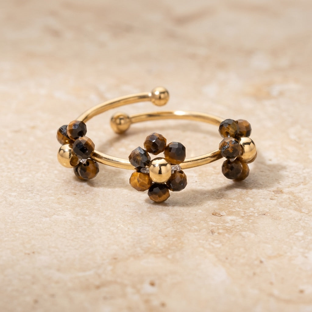Tiger Eye Ring Adjustable "Flower"