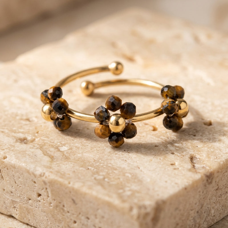 Tiger Eye Ring Adjustable "Flower"