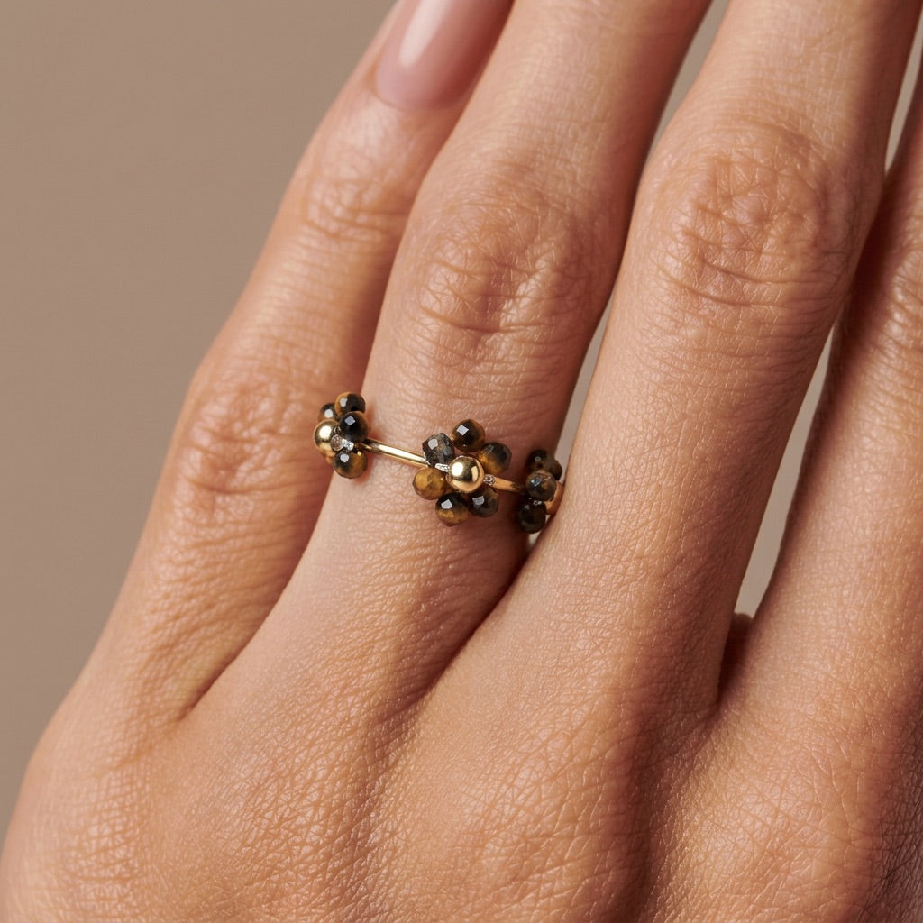 Tiger Eye Ring Adjustable "Flower"