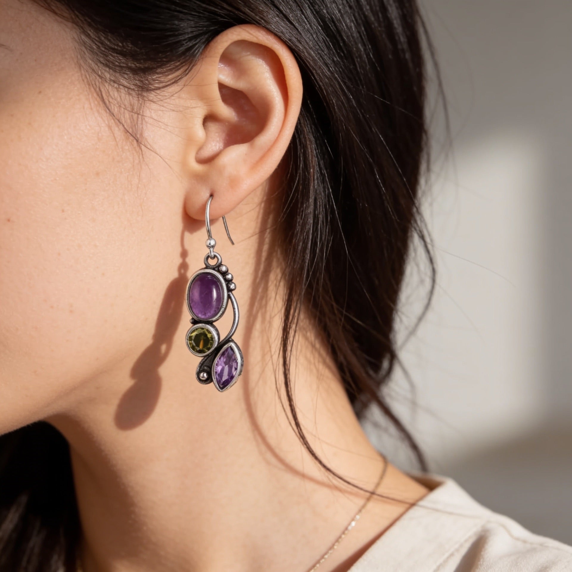 Amethyst & Peridot Drop Vintage Earrings “Mirelya”