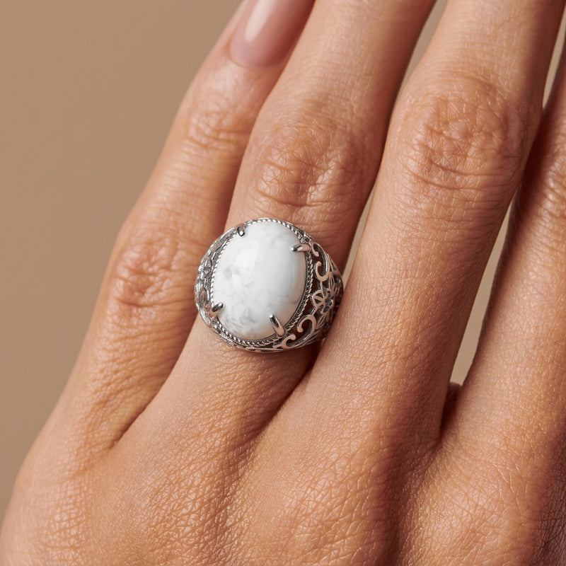 White Howlite Stone Adjustable Ring "Silent Halo"