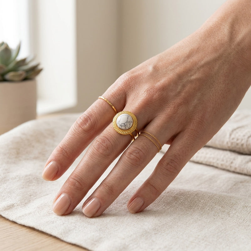 White Howlite Stone Adjustable Ring “Calyra”