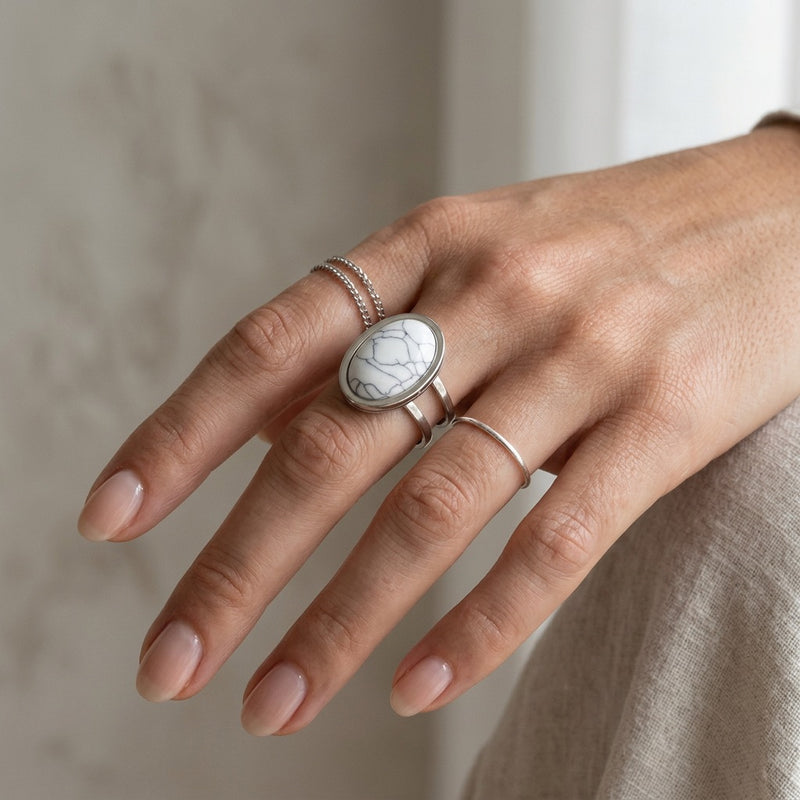 Howlite Stone Adjustable Ring “Winter Aura”